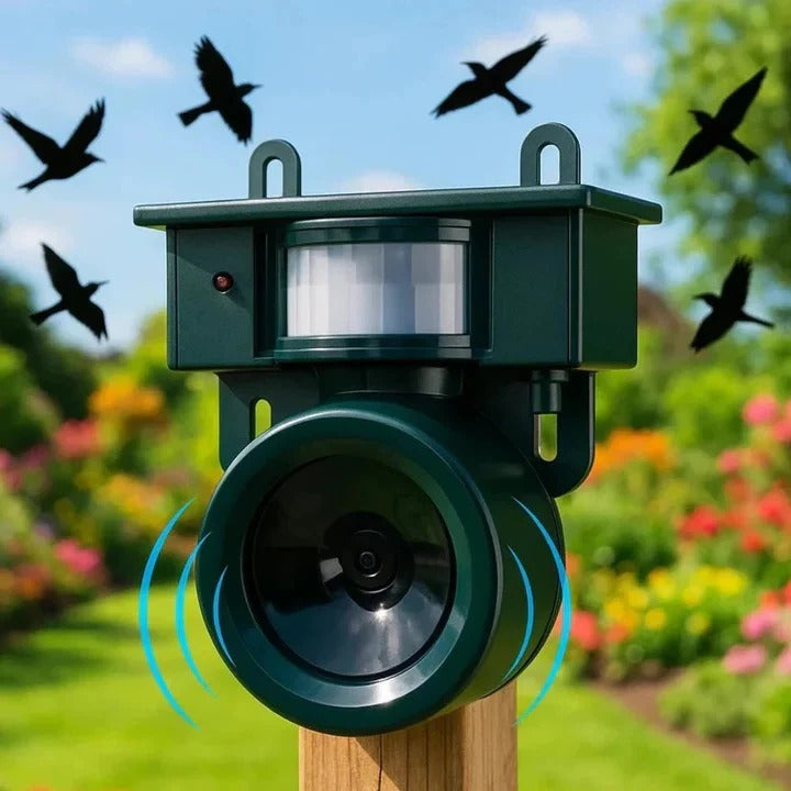 Automatic motion sensor bird repellent for yard protection, keeping gardens and farms safe from pests.