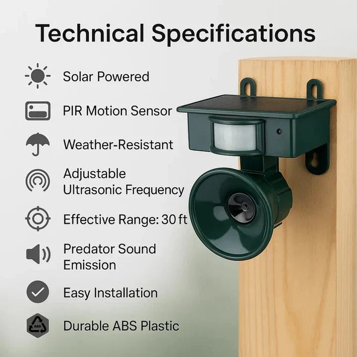 Motion sensor bird deterrent for garden protection. Keeps birds away from yards and farms, humane pest control.