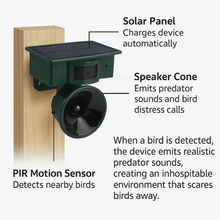 Efficient motion sensor bird repellent for yard & garden protection. Humane outdoor pest control solution.