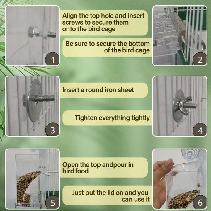 Durable acrylic transparent no-spill bird feeder, automatic seed dispenser for indoor bird cages