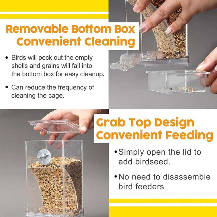 Multiple angles of the transparent automatic no-spill bird feeder, highlighting its pet supply features