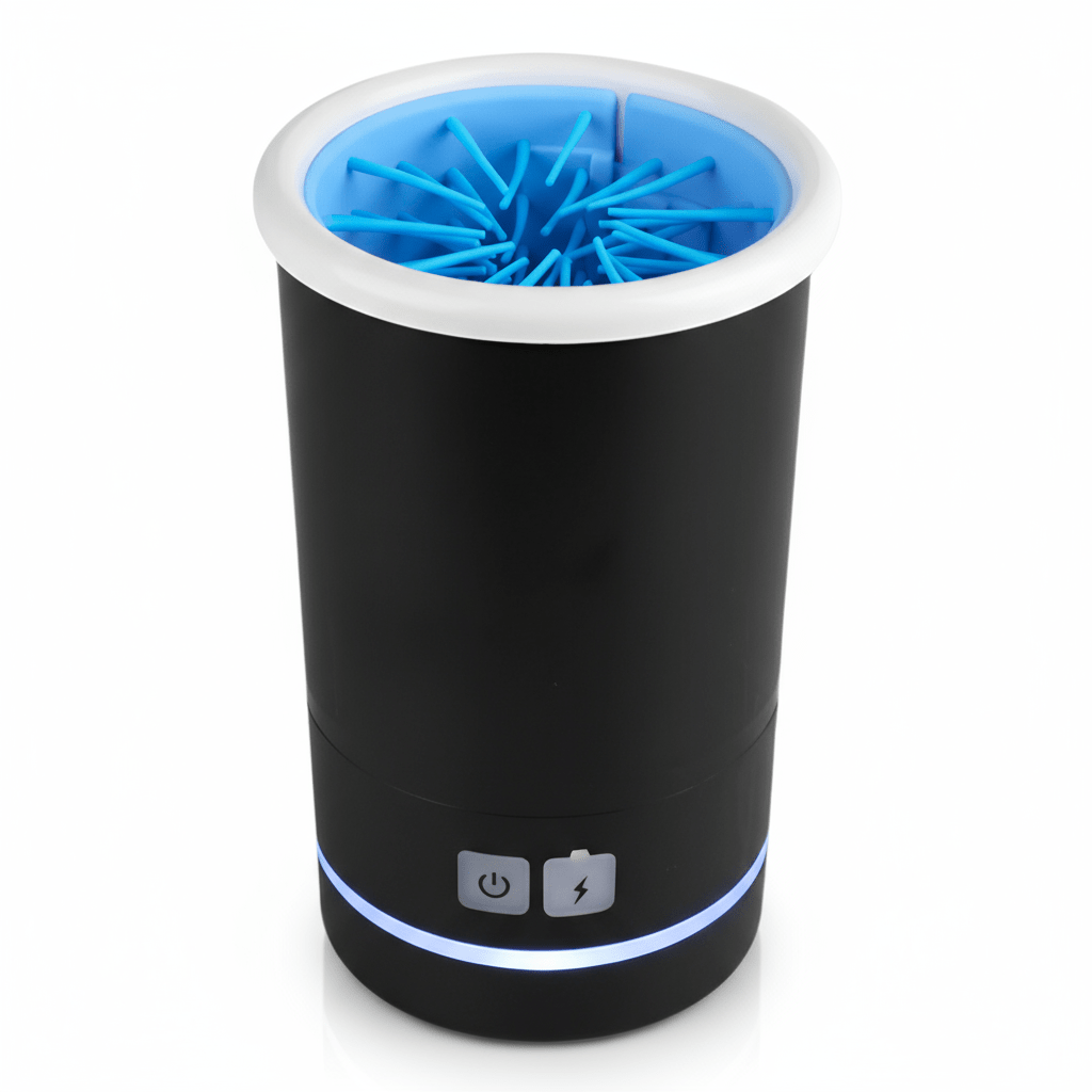 Automatic pet paw cleaner cup for dogs & cats. Features soft silicone bristles for gentle mud removal.
