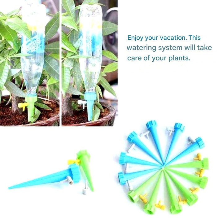 12-Pack Automatic Plant Watering Devices in blue & green. Keep your plants hydrated with adjustable flow technology.