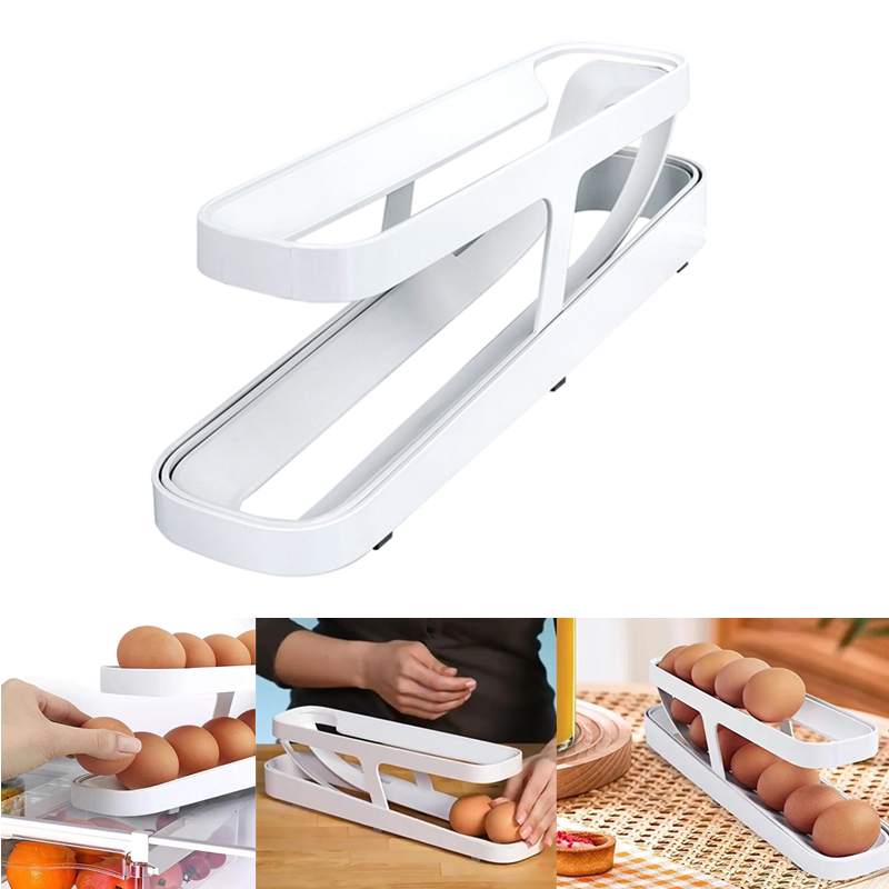 Automatic Rolling Egg Dispenser & Organizer for Fridge. Space-saving egg storage, kitchen organization.