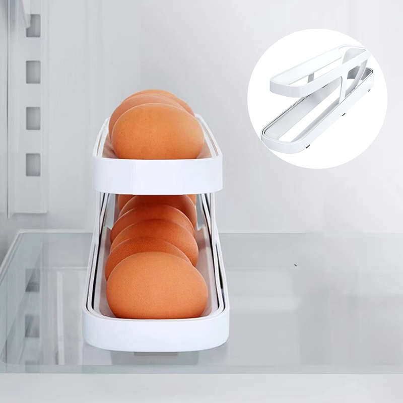 Top-down view of Automatic Rolling Egg Dispenser, showing individual egg grooves and sturdy construction.