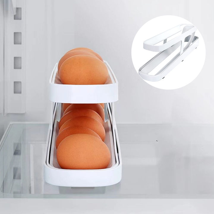 Top-down view of Automatic Rolling Egg Dispenser, showing individual egg grooves and sturdy construction.