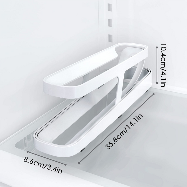 Automatic Rolling Egg Dispenser next to other refrigerator organizers, creating an efficient kitchen space.