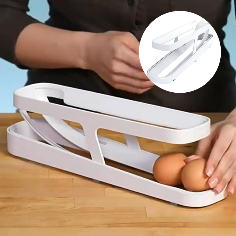Close-up of Automatic Rolling Egg Dispenser, showcasing gravity-fed design and capacity for dozen eggs.