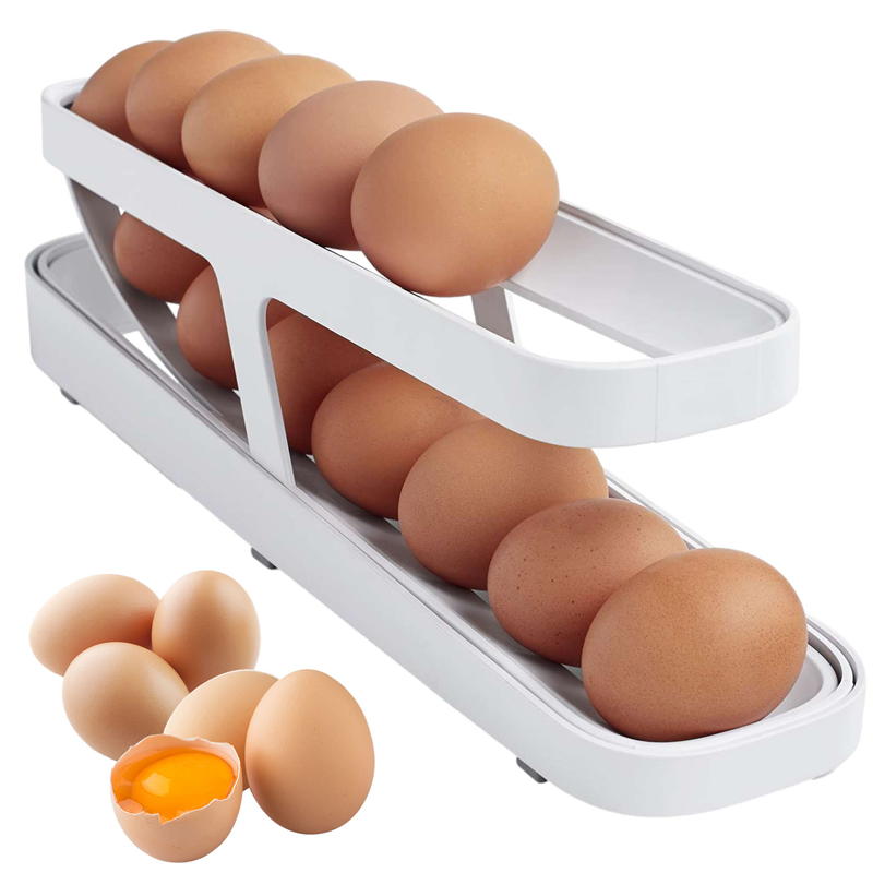 Side view of modern Automatic Rolling Egg Dispenser, durable and space-saving. Home organization solution.