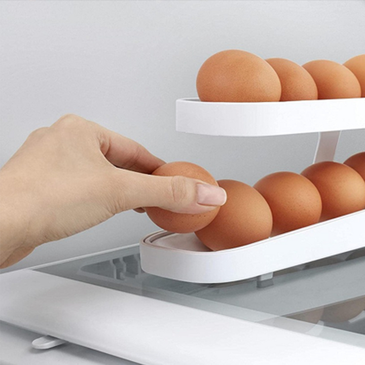 Angled shot of the Automatic Rolling Egg Dispenser, empty but ready for neat egg storage in fridge.