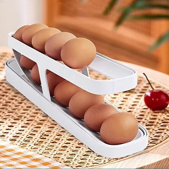Multiple Automatic Rolling Egg Dispensers stacked inside a larger refrigerator for bulk storage.