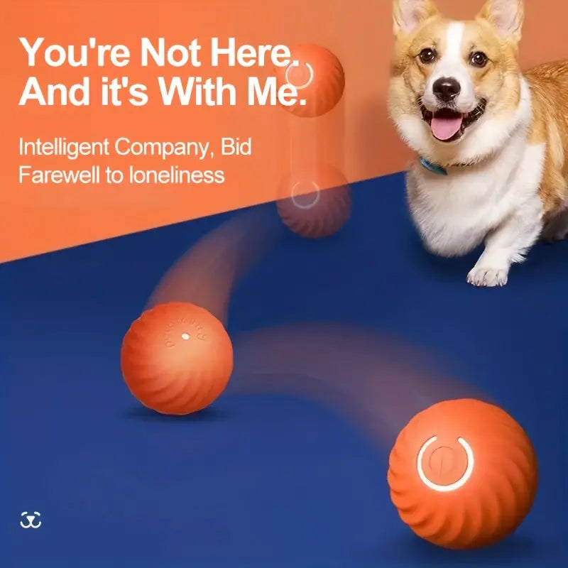 Close-up of interactive automatic rolling pet toy ball in a vibrant color