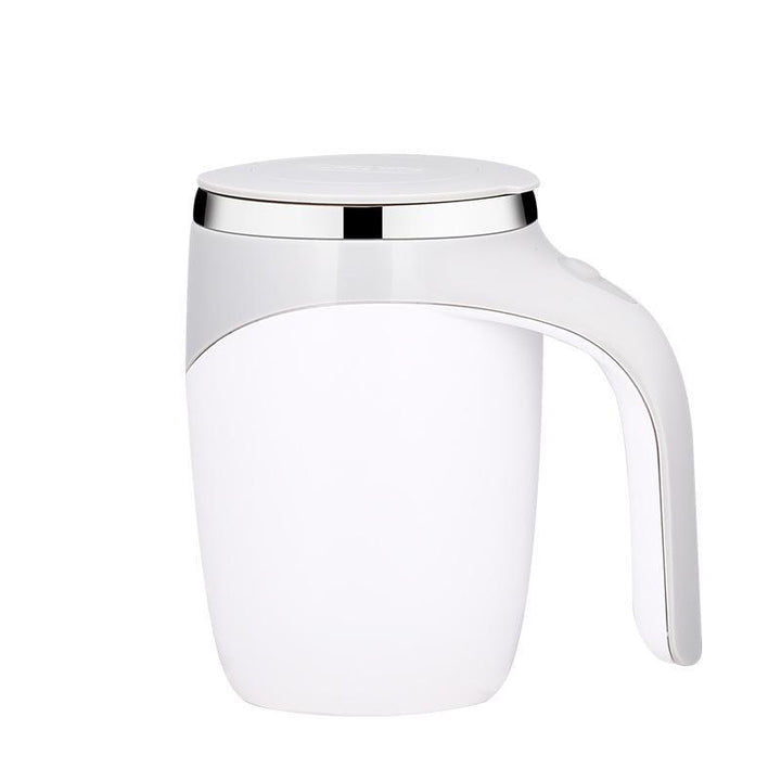 Automated coffee mug with an ergonomic handle and secure lid, self-stirring feature highlighted.