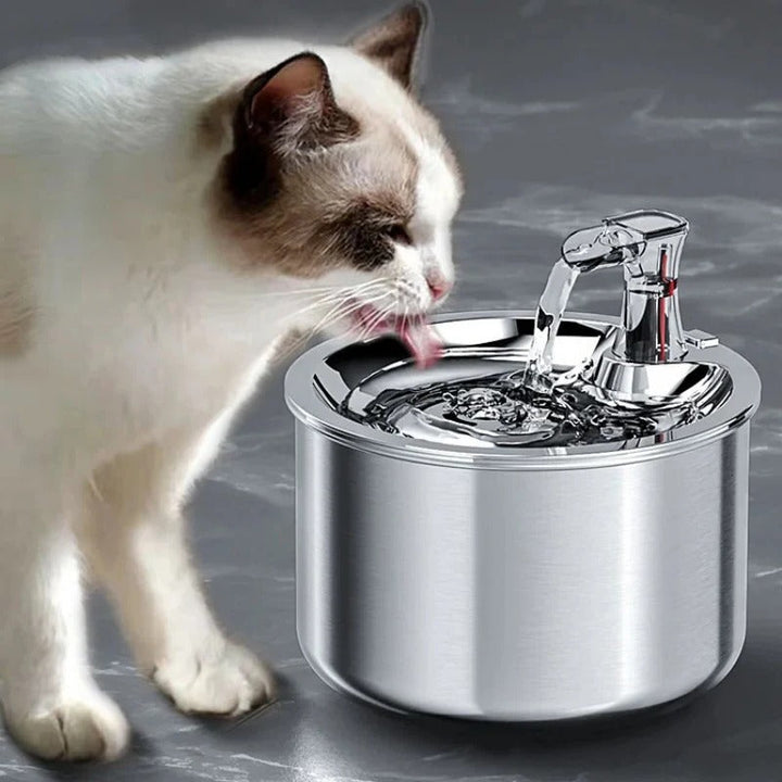 Automatic stainless steel cat water fountain with filter & motion sensor for fresh, healthy pet hydration.