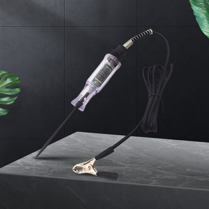 Automotive circuit test pen showing digital voltage reading, essential car repair tool