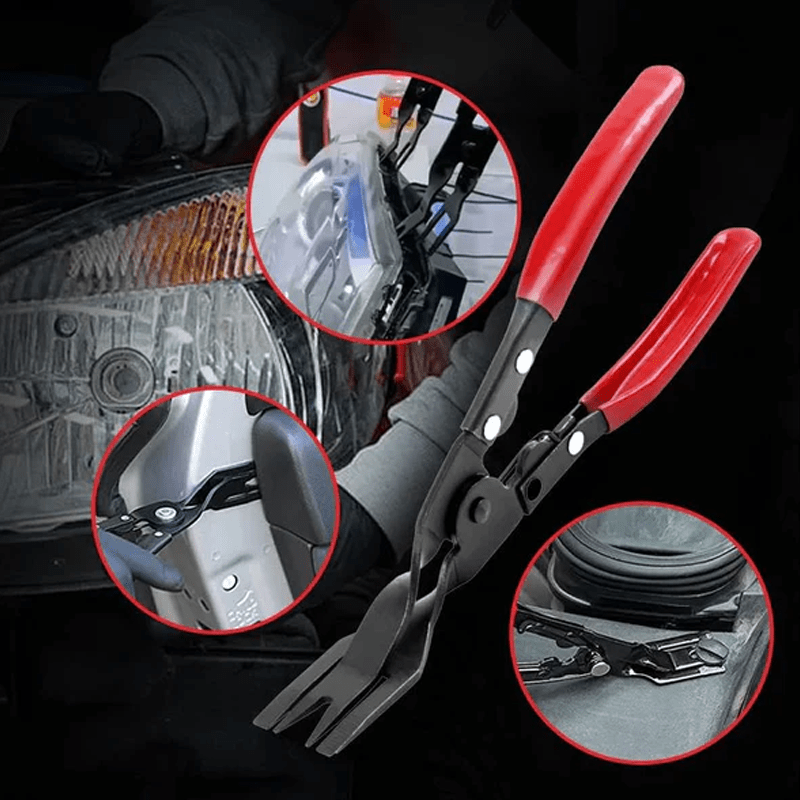 Automotive fastener removal pliers for plastic rivets, ergonomic grip, steel construction