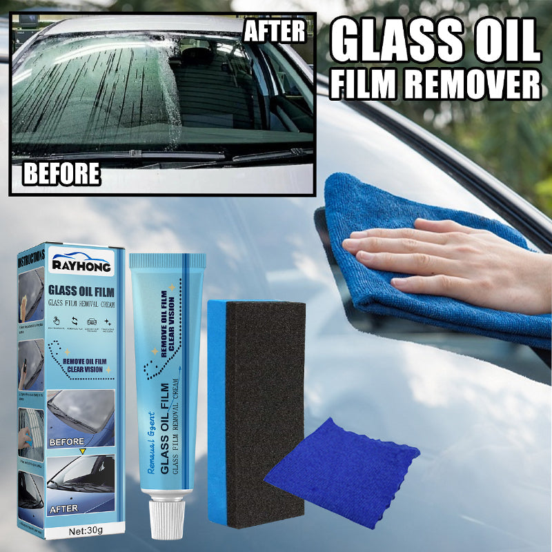 Automotive Glass Oil Film Cleaner for windshields, removing stubborn oil film and stains, car detailing essential