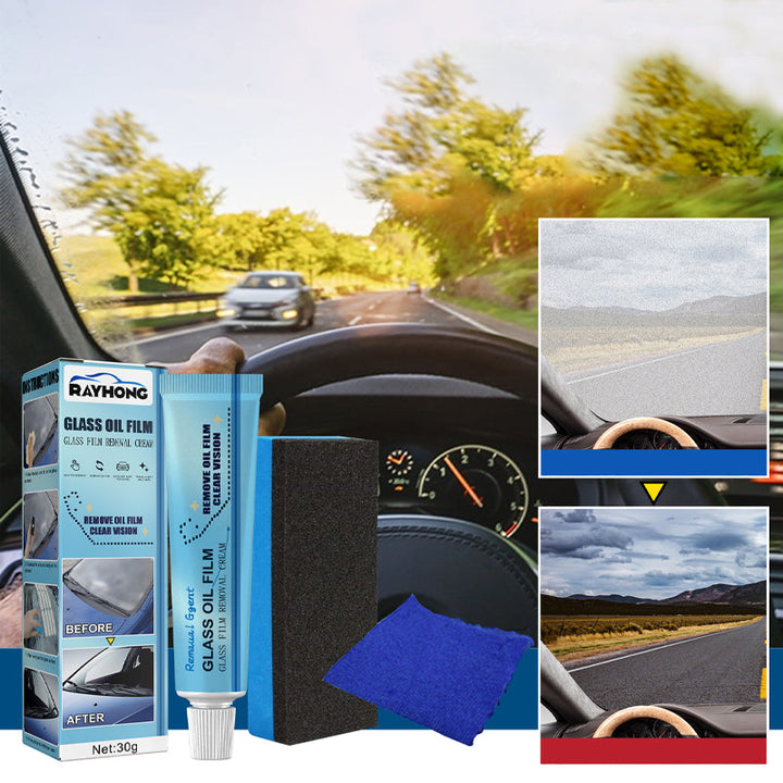Automotive Glass Oil Film Cleaner designed for clear windshields, promoting safer driving conditions