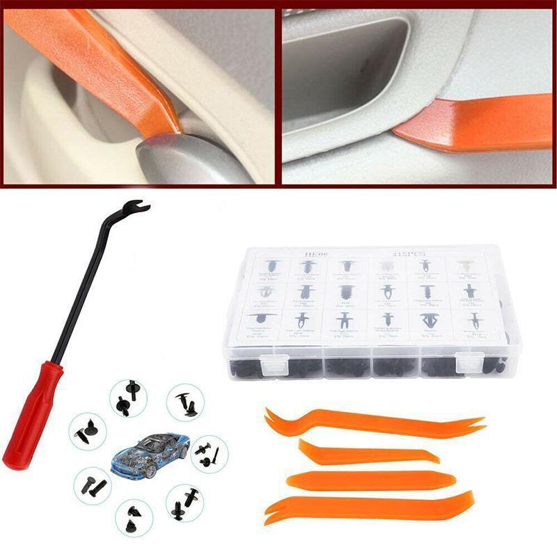 Complete automotive fastener kit with trim tools, ideal for car body work