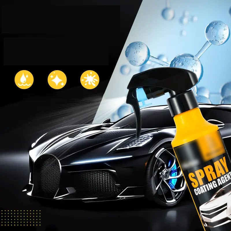 Hand applying Automotive Shine & Protection Spray on a dark car, enhancing paint protection & shine