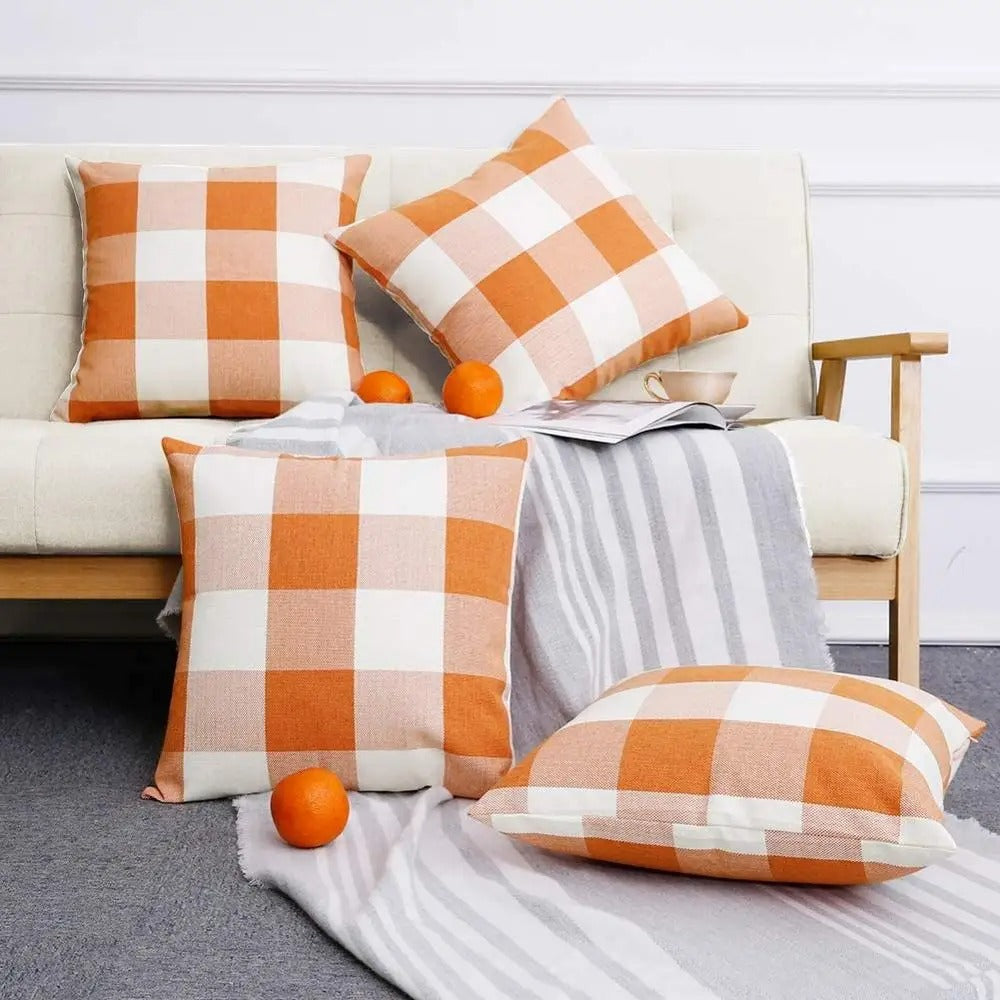 Autumn Plaid Checked Throw Pillow Cover, perfect for cozy farmhouse living room decor.