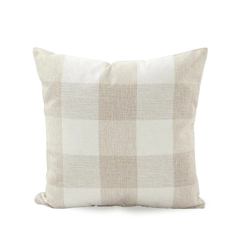 Farmhouse style yellow checked throw pillow cover, great for autumn living room decor.