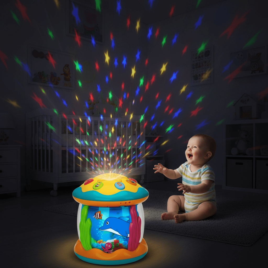 Baby sensory drum toy with interactive lights, music, & textures for infant development. A stimulating musical baby toy.
