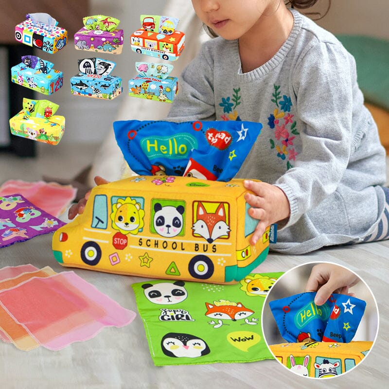 Baby Sensory Montessori Magic Tissue Box Toy with colorful tissues, soft fabric for infants.