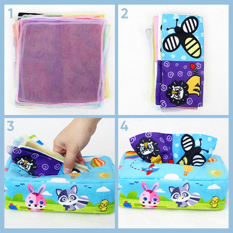 Baby gift set: Montessori Magic Tissue Box Toy, crinkly tissues for tactile and auditory stimulation.