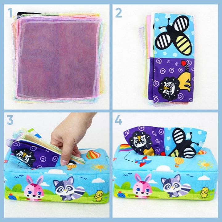 Baby gift set: Montessori Magic Tissue Box Toy, crinkly tissues for tactile and auditory stimulation.