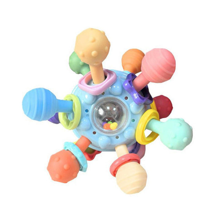 Close-up detail of the silicone textures on baby teether & rattle, engaging for newborn exploration