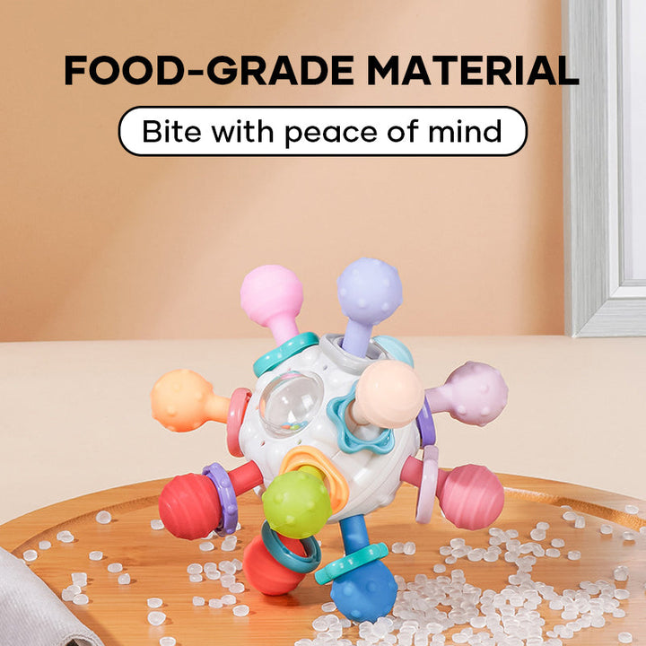 Montessori-style baby teething toy and rattle, soft silicone, ideal for infants, safe and durable