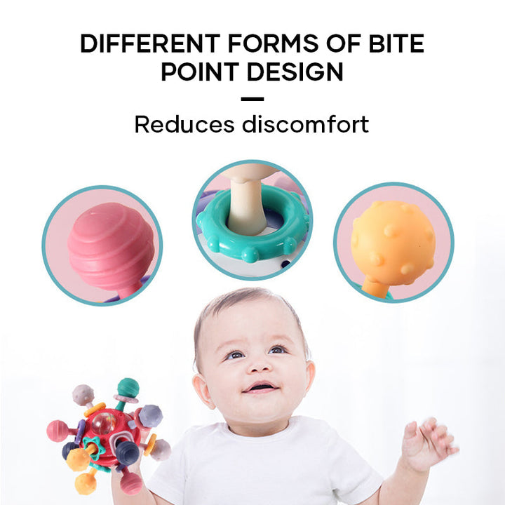 Baby sensory teether rattle, vibrant colors, gentle on gums, engaging for newborns and infants