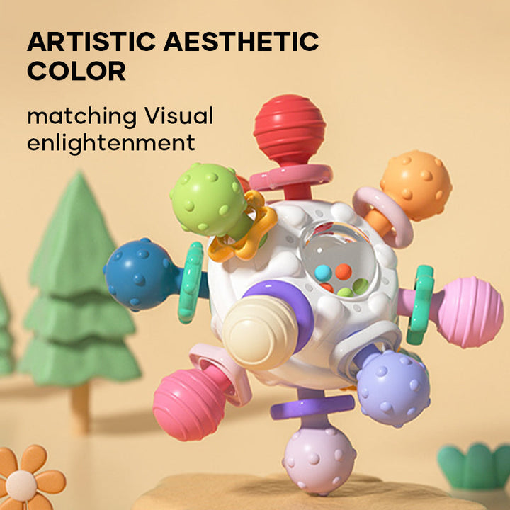 Textured baby rattle and teether for sensory play, stimulating design, essential newborn toy