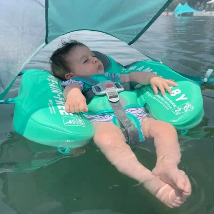 Baby toddler swim ring with sunshade canopy for pool safety & sun protection.