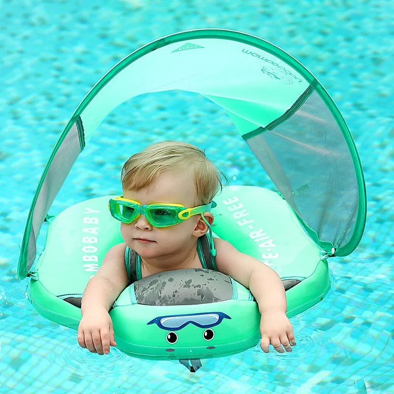 Infant water safety float with sunshade canopy, ideal for baby's first swim in summer.