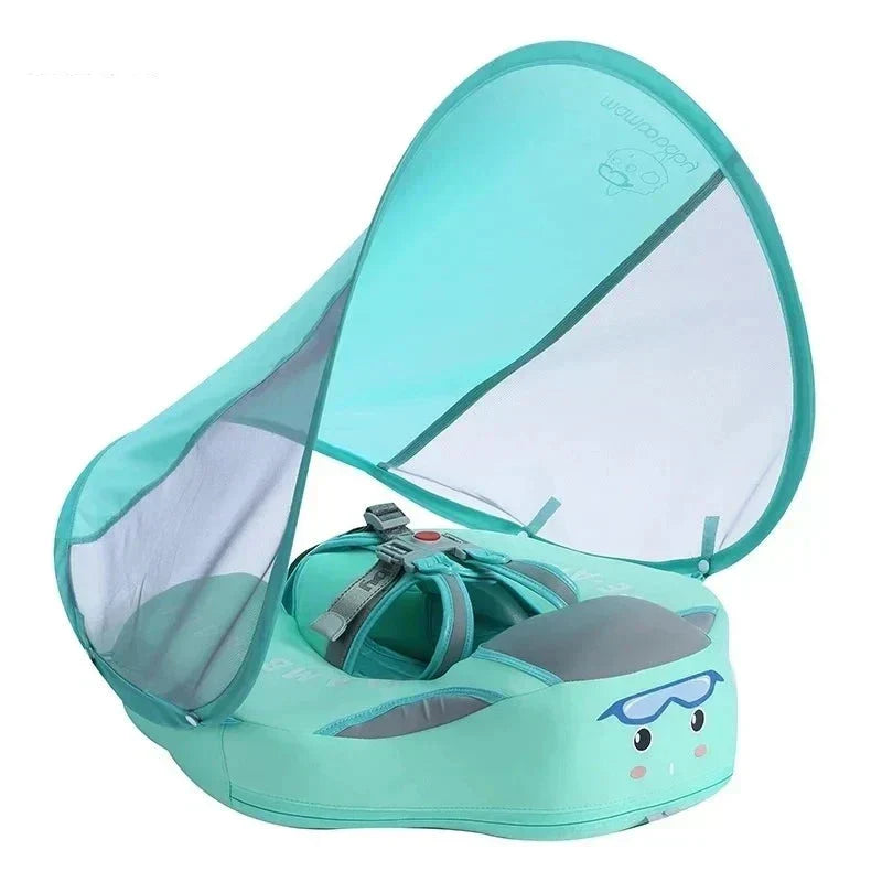 Happy baby enjoying pool time in a secure swim ring with sun protection canopy.