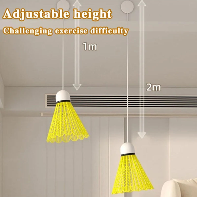 Full view of the Badminton Training Rebounder Kit in a home setting, demonstrating its portable design.