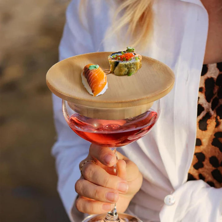 Bamboo wine glass topper for charcuterie, ideal for entertaining and wine tasting gatherings
