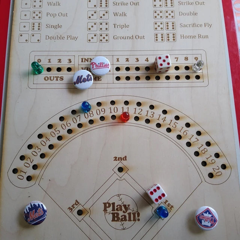 Detailed shot of the Baseball Dice Board Game's scorekeeping track and wooden game pieces.