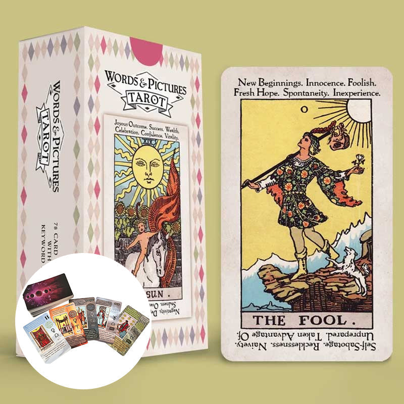 Beginner tarot card set arranged for display, highlighting the deck and educational book