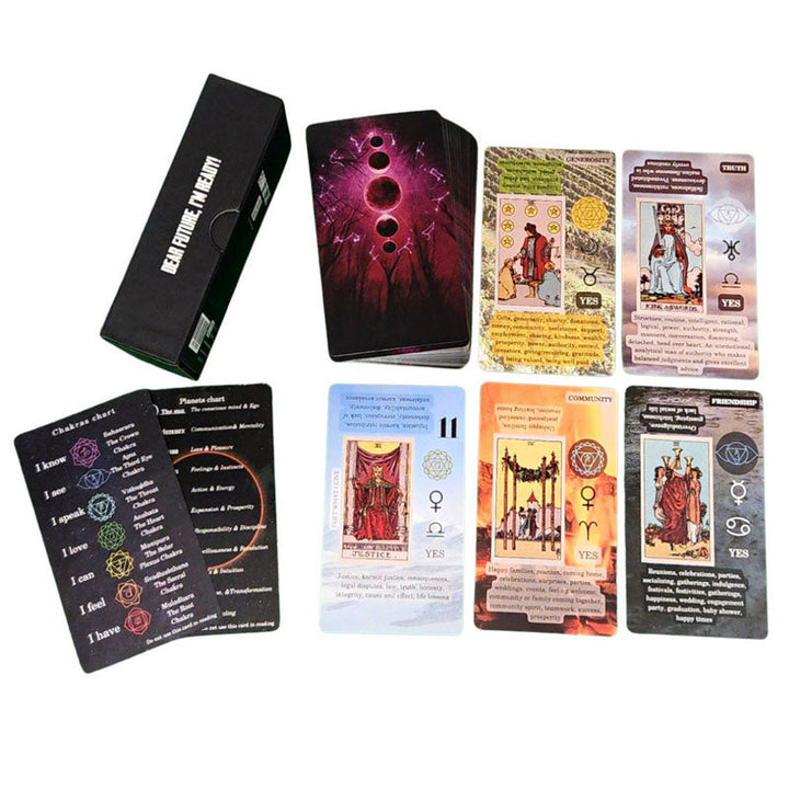 Flat lay of beginner tarot card deck, open guidebook, and included velvet storage pouch