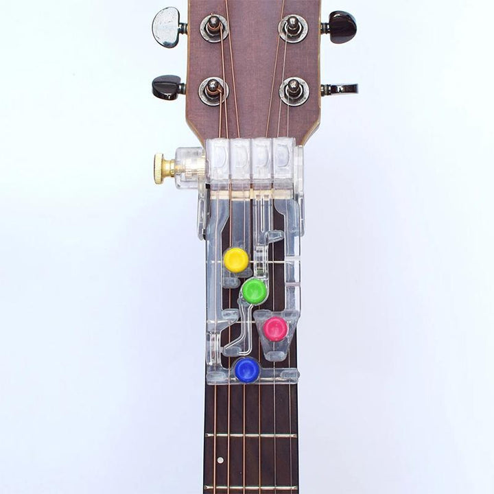 Educational guitar practice tool showing finger placement for common chords.