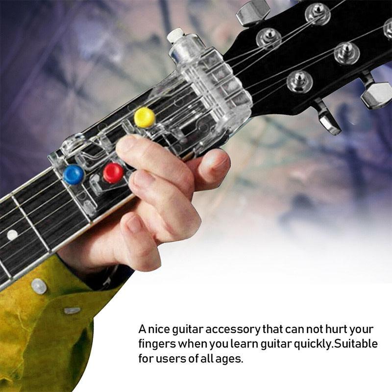 Guitar learning aid for beginners, simplifying chord shapes and finger positions.