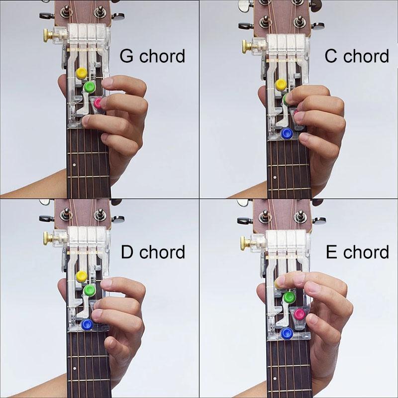 Handheld guitar chord device designed to help beginners master multiple chords.