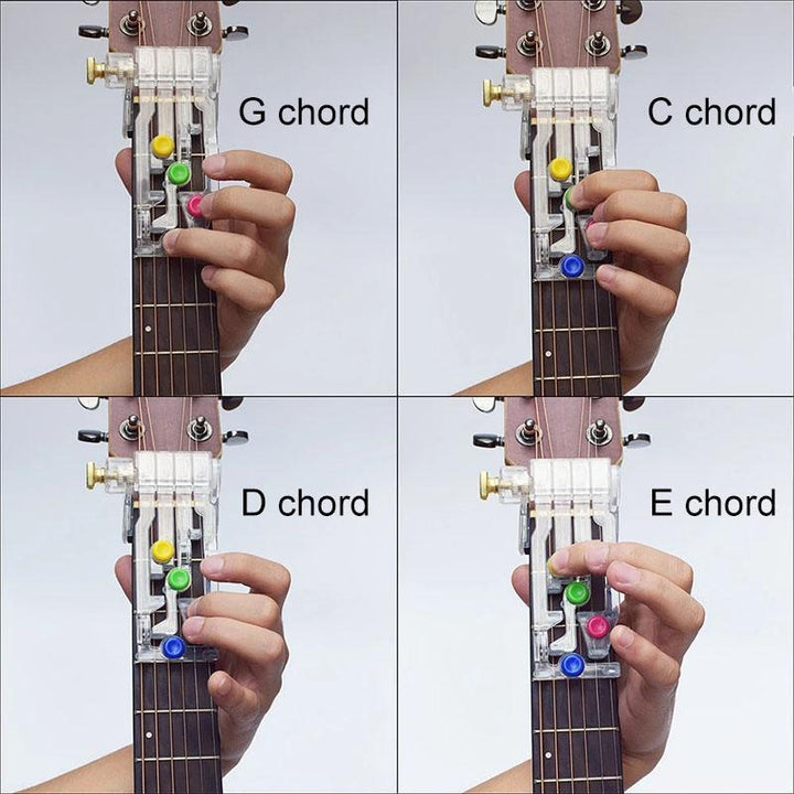 Handheld guitar chord device designed to help beginners master multiple chords.