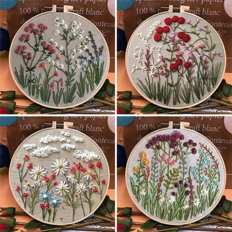 Beginner's DIY floral hand embroidery kit, perfect for stress relief & craft lovers.