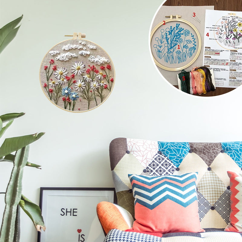 Step-by-step instructions for a beginner's floral hand embroidery DIY craft kit.