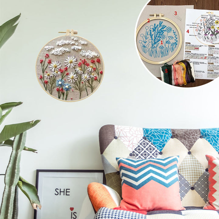Step-by-step instructions for a beginner's floral hand embroidery DIY craft kit.