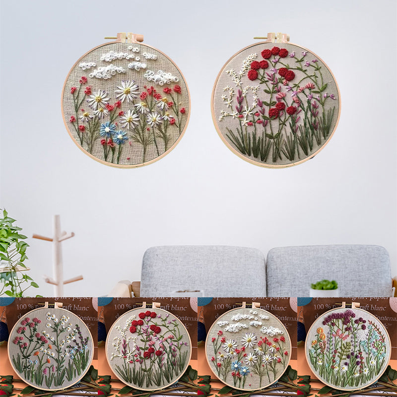 Assortment of vibrant threads included in a beginner's floral hand embroidery kit.